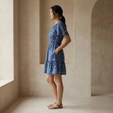 Indigo Floral Block Print Cotton Elasticated Short Tier Dress