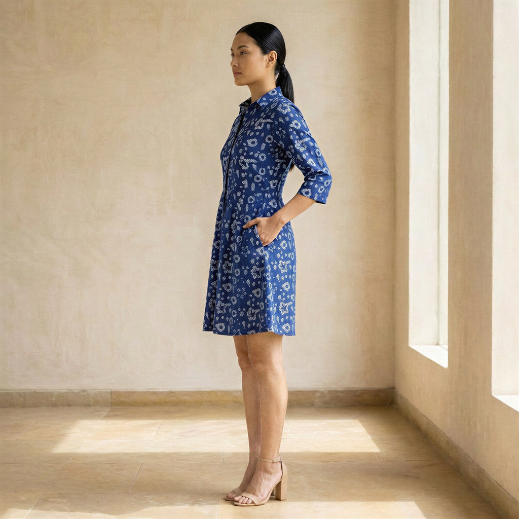 Indigo Floral Block Print Cotton Fit and Flare Button-Down Short Shirt Dress