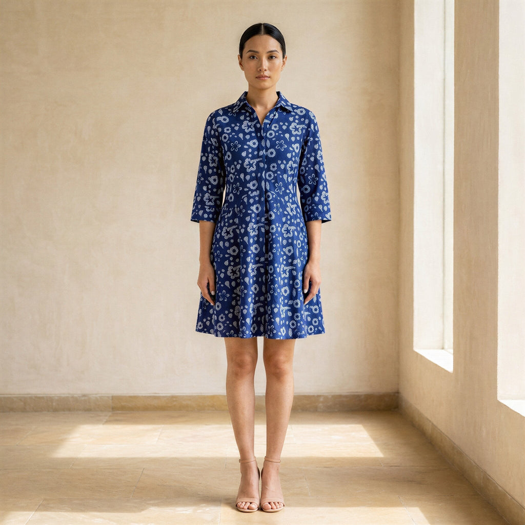 Indigo Floral Block Print Cotton Fit and Flare Button-Down Short Shirt Dress