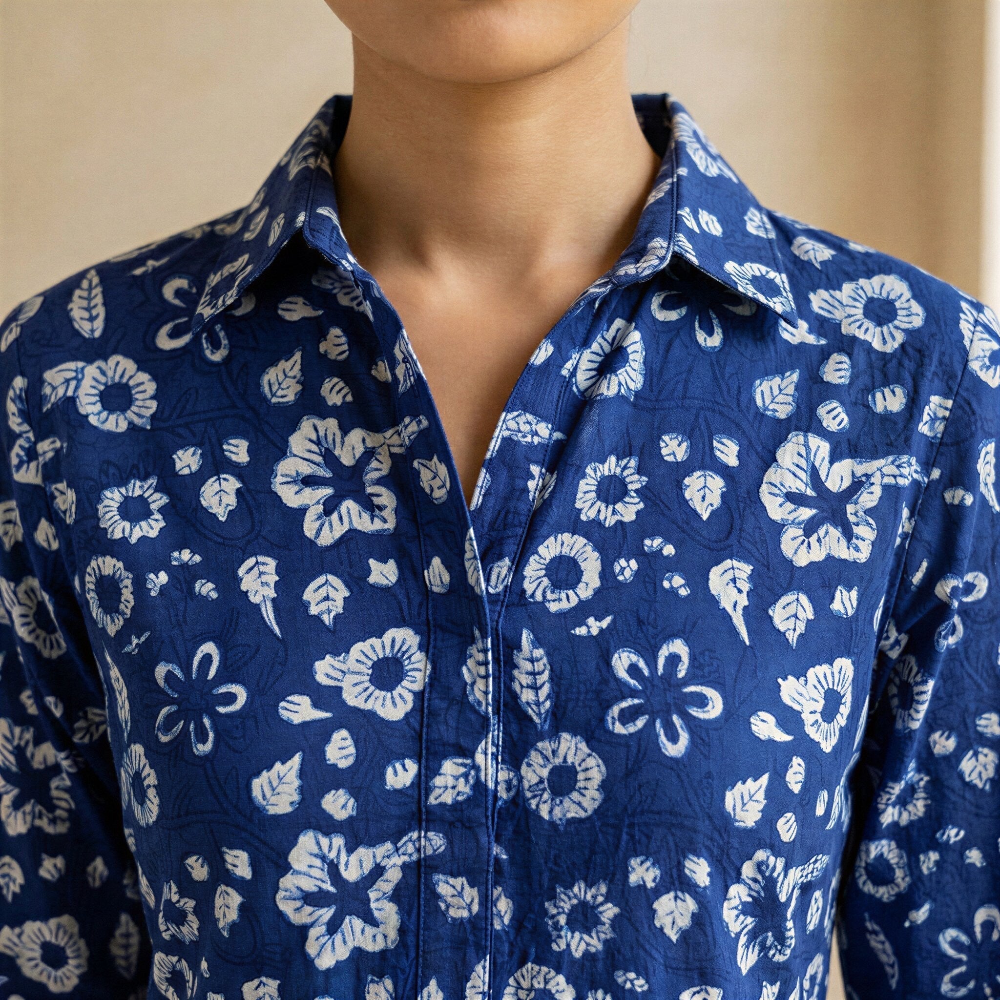 Indigo Floral Block Print Cotton Fit and Flare Button-Down Short Shirt Dress