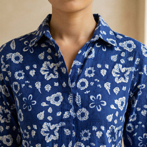 Indigo Floral Block Print Cotton Fit and Flare Button-Down Short Shirt Dress