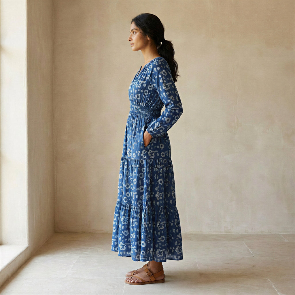 Indigo Floral Block Print Cotton Fit and Flare Maxi Tier Dress