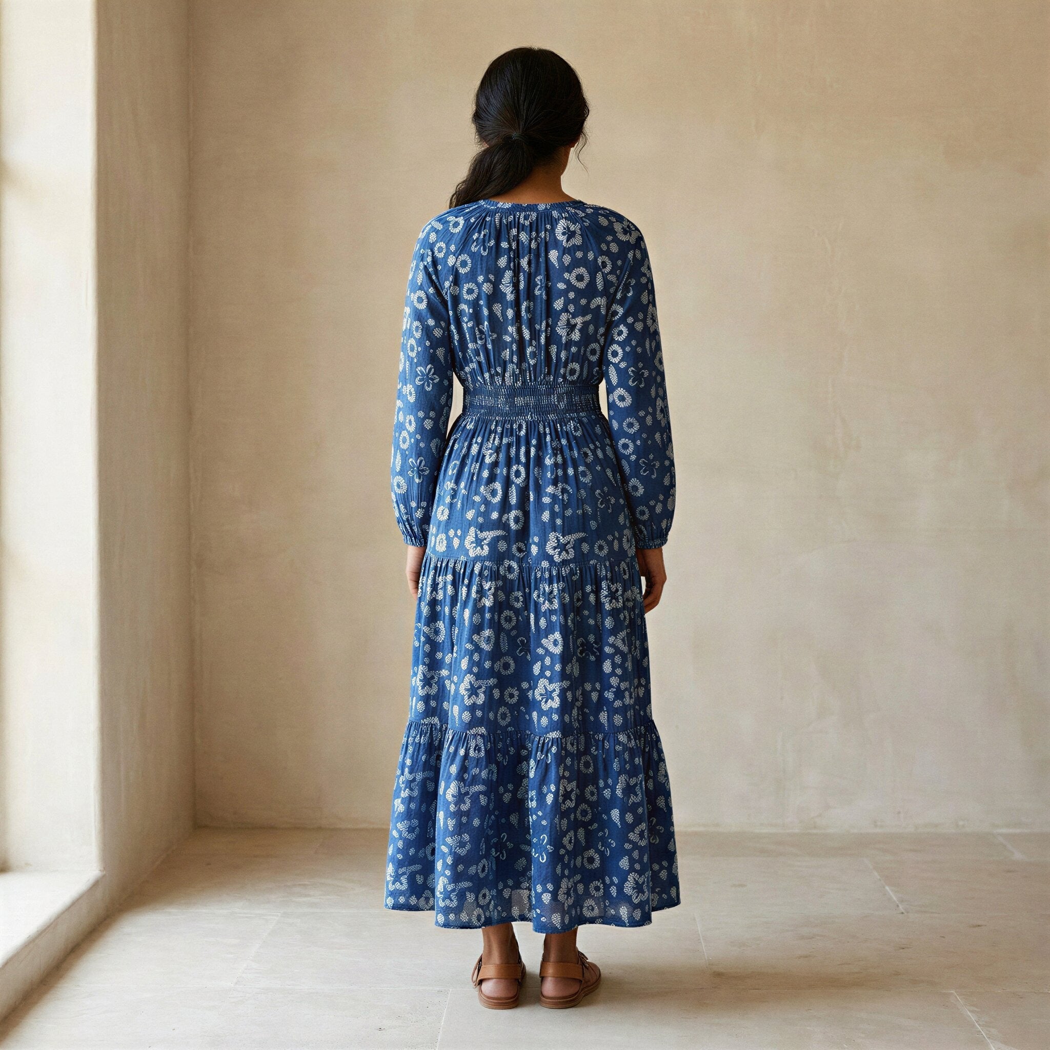 Indigo Floral Block Print Cotton Fit and Flare Maxi Tier Dress