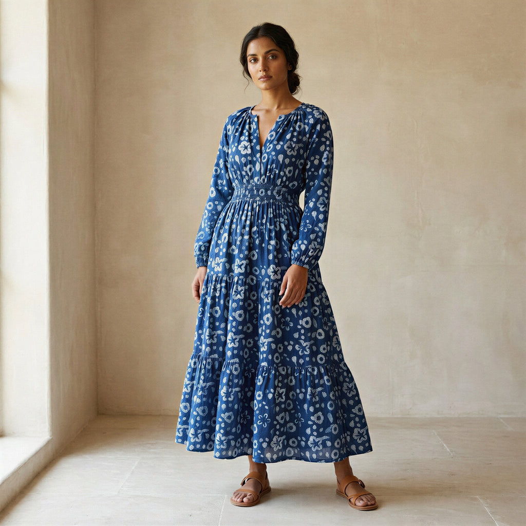 Indigo Floral Block Print Cotton Fit and Flare Maxi Tier Dress