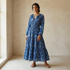 Indigo Floral Block Print Cotton Fit and Flare Maxi Tier Dress