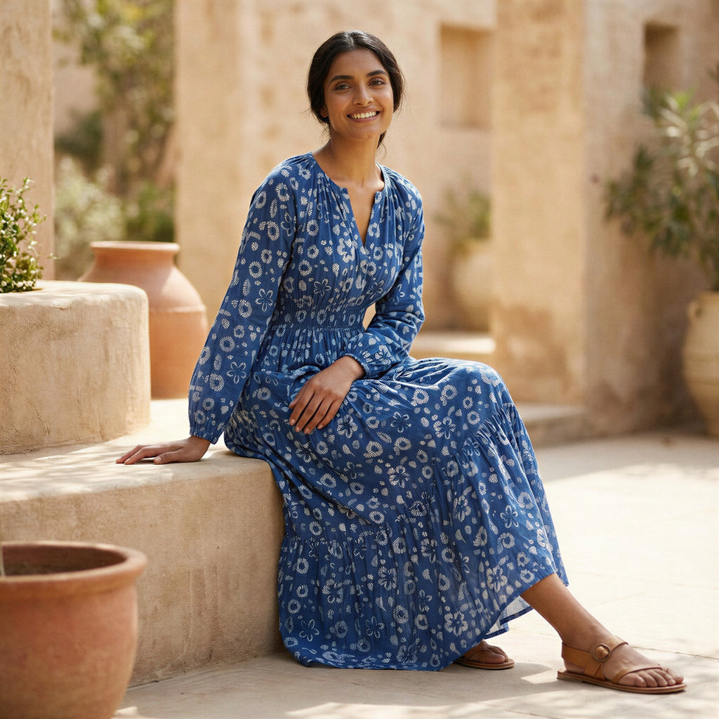 Indigo Floral Block Print Cotton Fit and Flare Maxi Tier Dress