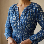 Indigo Floral Block Print Cotton Fit and Flare Maxi Tier Dress
