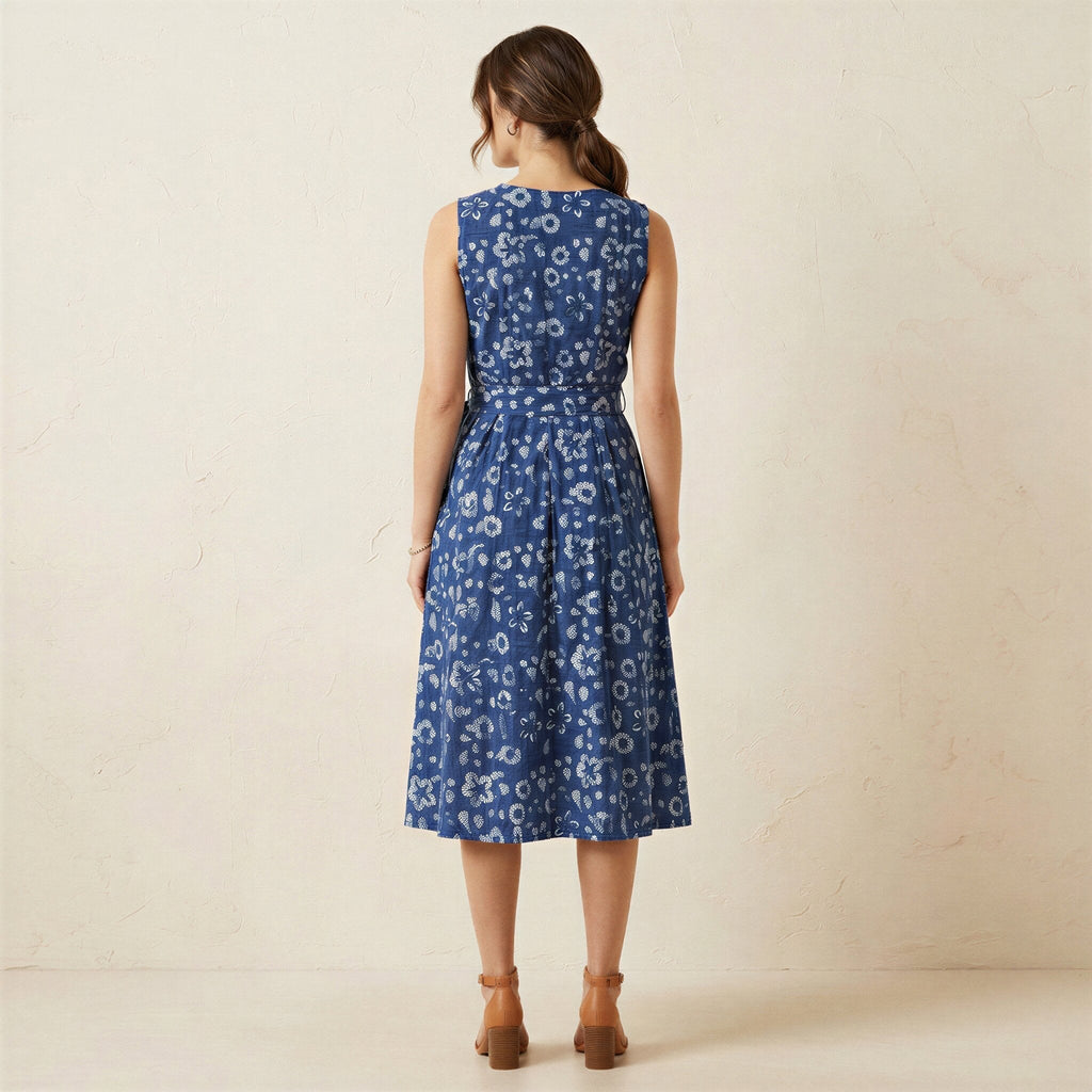 Indigo Floral Block Print Cotton Fit and Flare Sleeveless Dress