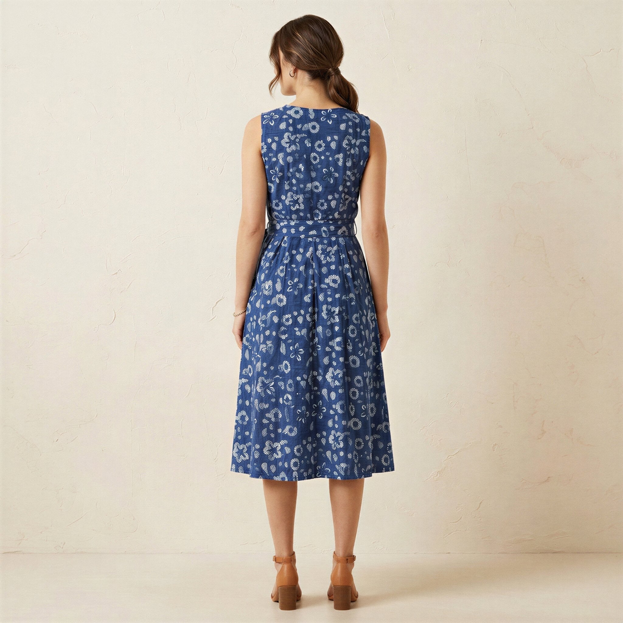 Indigo Floral Block Print Cotton Fit and Flare Sleeveless Dress