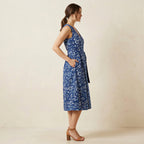 Indigo Floral Block Print Cotton Fit and Flare Sleeveless Dress