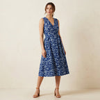Indigo Floral Block Print Cotton Fit and Flare Sleeveless Dress