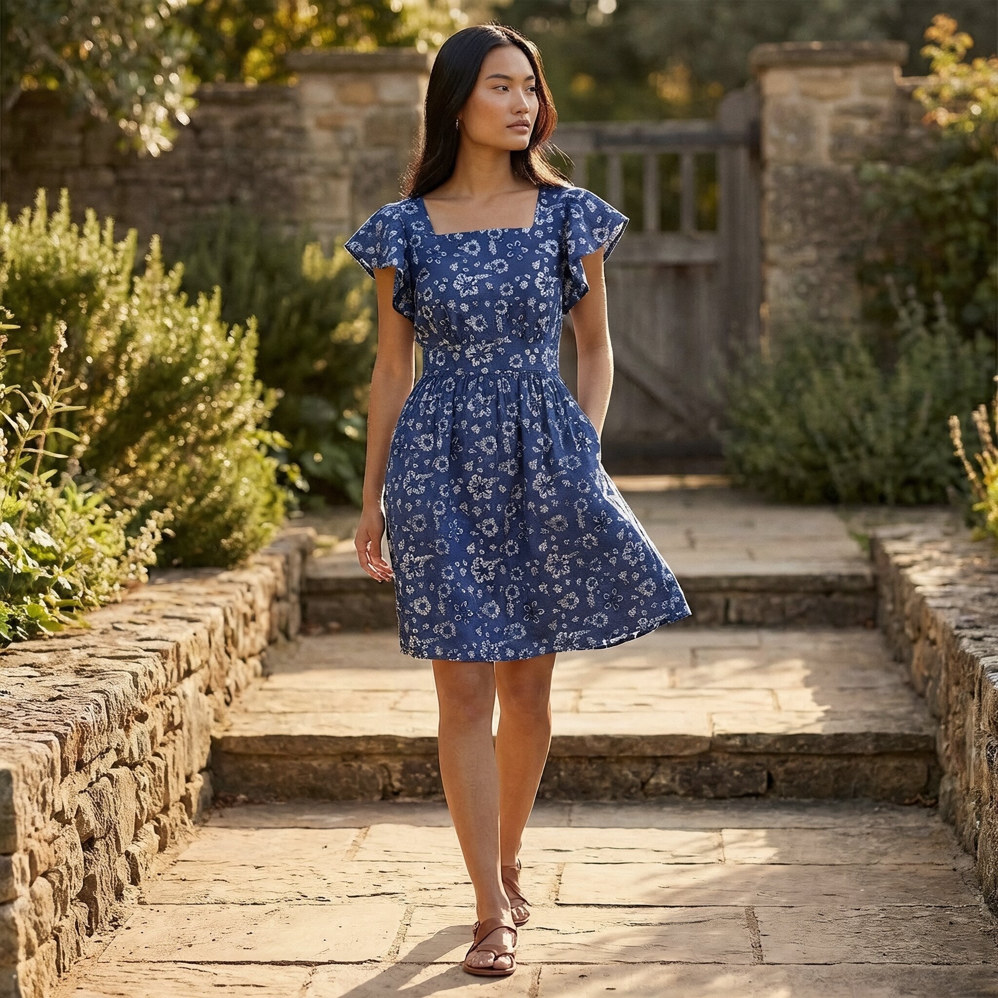 Indigo Floral Block Print Cotton Open-Back Fit and Flare Knee Length Dress