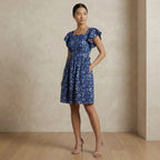 Indigo Floral Block Print Cotton Open-Back Fit and Flare Knee Length Dress