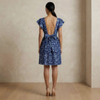 Indigo Floral Block Print Cotton Open-Back Fit and Flare Knee Length Dress
