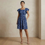 Indigo Floral Block Print Cotton Open-Back Fit and Flare Knee Length Dress