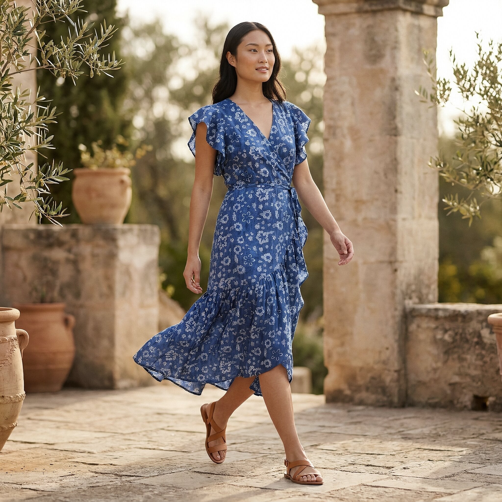 Indigo Floral Block Print Cotton Ruffle Midi Wrap Dress