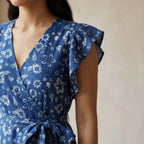 Indigo Floral Block Print Cotton Ruffle Midi Wrap Dress