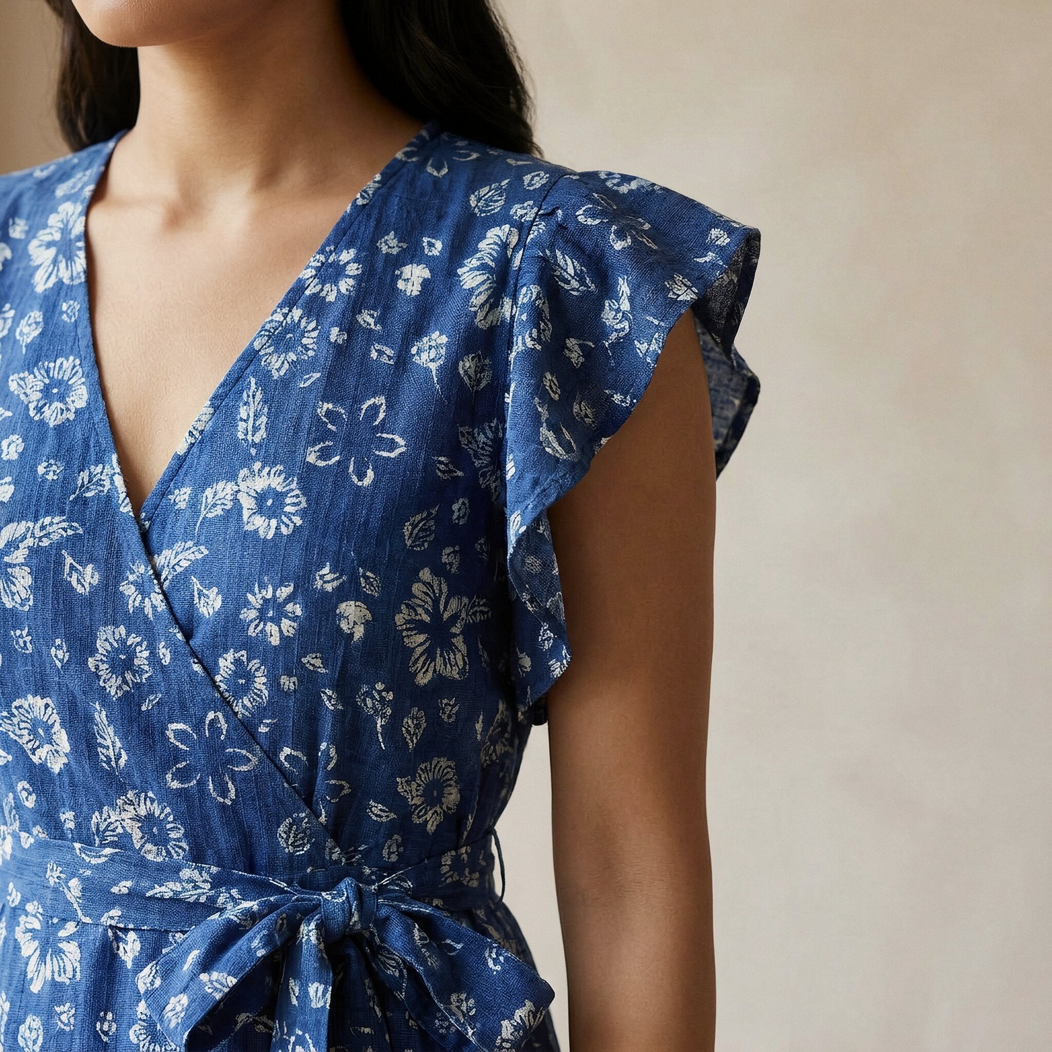 Indigo Floral Block Print Cotton Ruffle Midi Wrap Dress