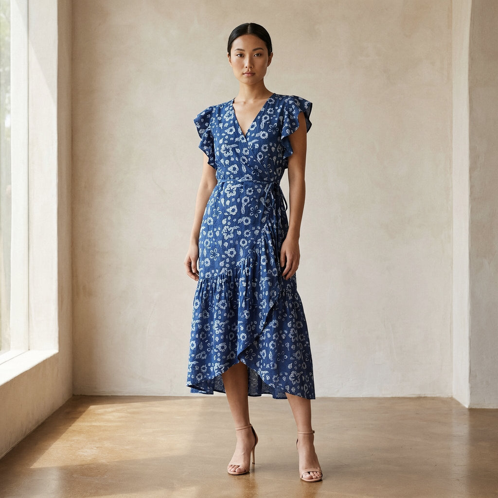 Indigo Floral Block Print Cotton Ruffle Midi Wrap Dress