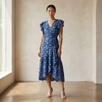 Indigo Floral Block Print Cotton Ruffle Midi Wrap Dress