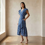 Indigo Floral Block Print Cotton Ruffle Midi Wrap Dress