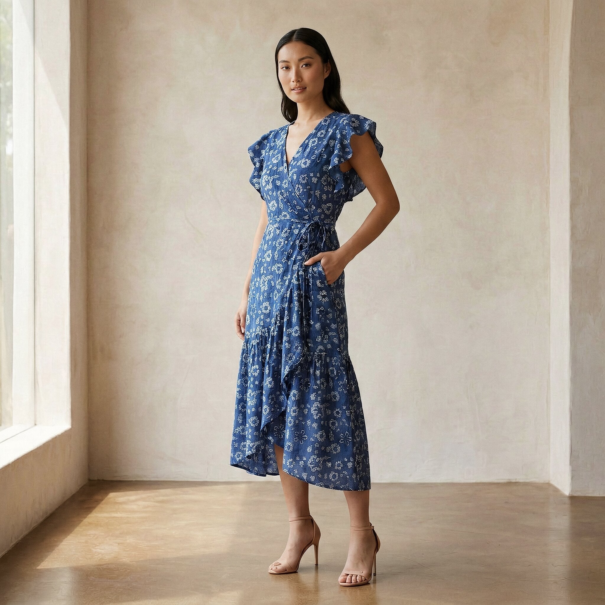 Indigo Floral Block Print Cotton Ruffle Midi Wrap Dress