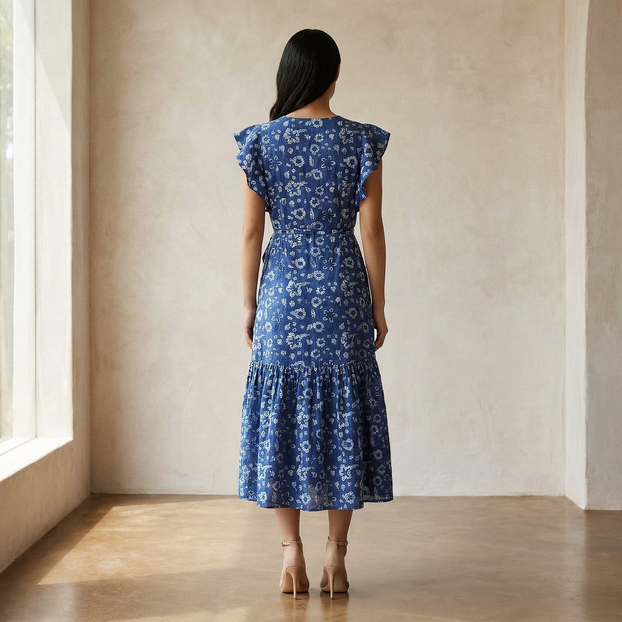 Indigo Floral Block Print Cotton Ruffle Midi Wrap Dress