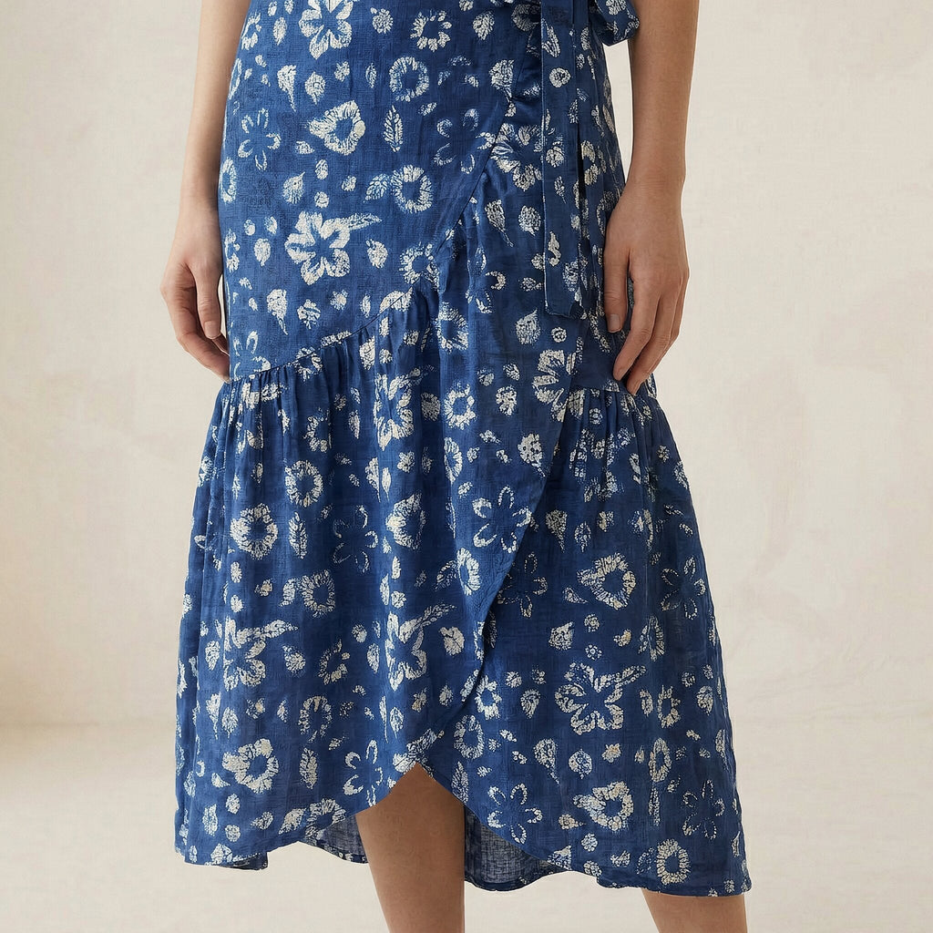 Indigo Floral Block Print Cotton Ruffle Midi Wrap Skirt