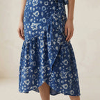 Indigo Floral Block Print Cotton Ruffle Midi Wrap Skirt