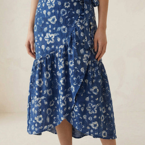 Indigo Floral Block Print Cotton Ruffle Midi Wrap Skirt
