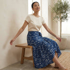 Indigo Floral Block Print Cotton Ruffle Midi Wrap Skirt