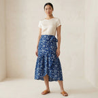Indigo Floral Block Print Cotton Ruffle Midi Wrap Skirt