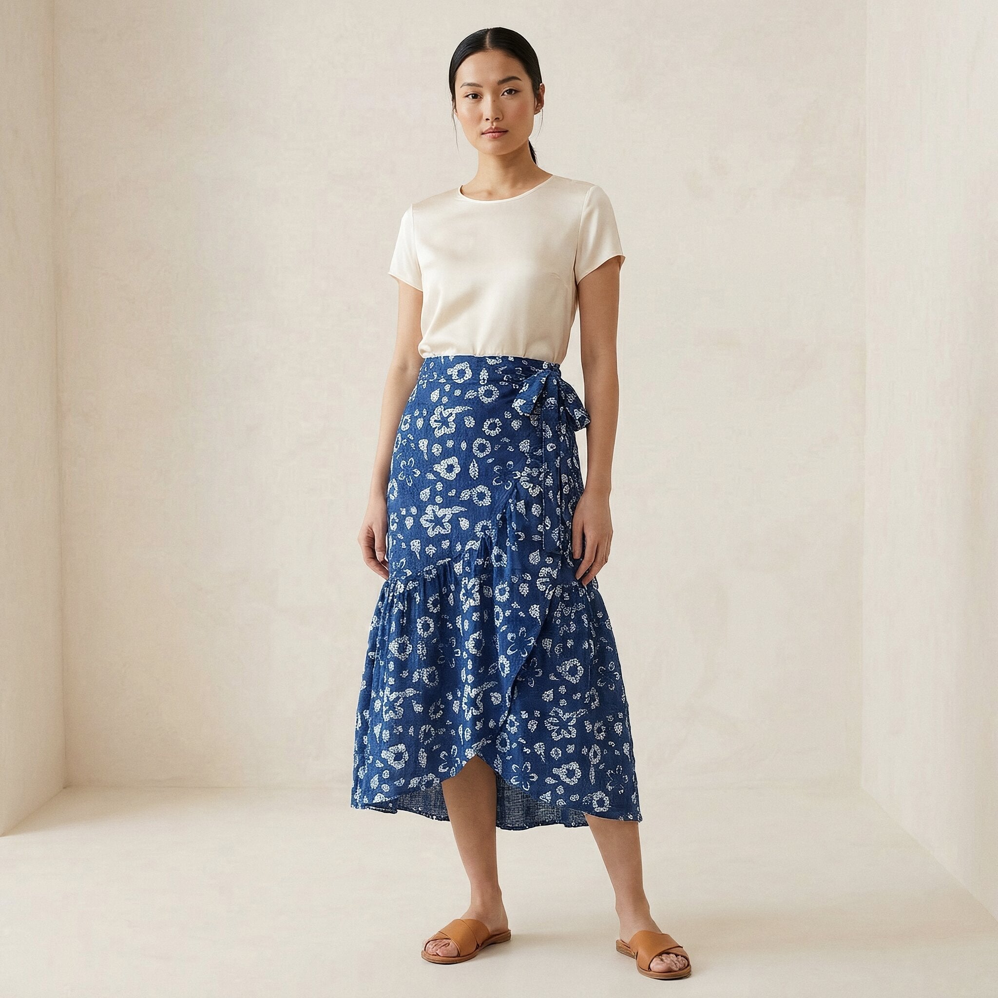 Indigo Floral Block Print Cotton Ruffle Midi Wrap Skirt