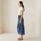 Indigo Floral Block Print Cotton Ruffle Midi Wrap Skirt
