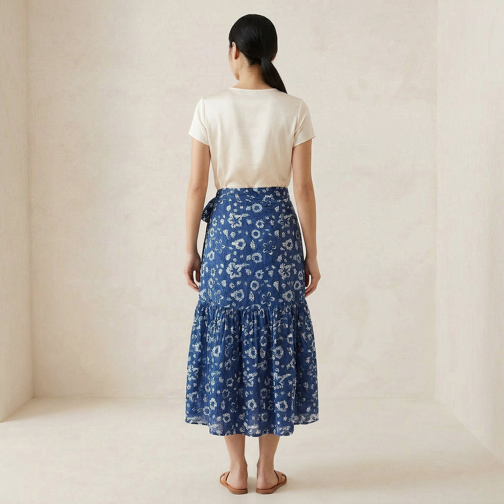 Indigo Floral Block Print Cotton Ruffle Midi Wrap Skirt