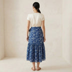 Indigo Floral Block Print Cotton Ruffle Midi Wrap Skirt