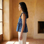 Indigo Floral Block Print Cotton Ruffle-Strap Square Neck Peplum Top