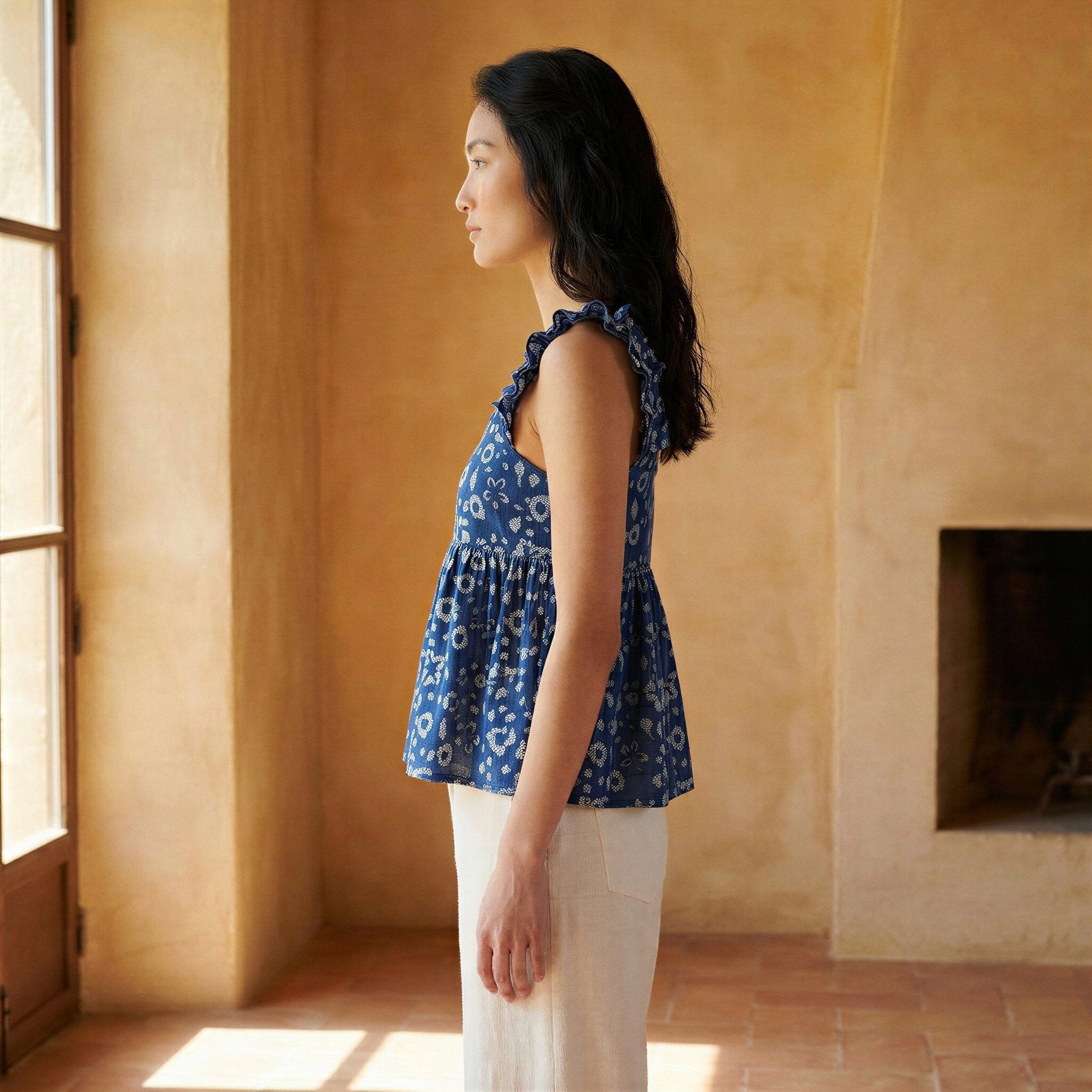 Indigo Floral Block Print Cotton Ruffle-Strap Square Neck Peplum Top