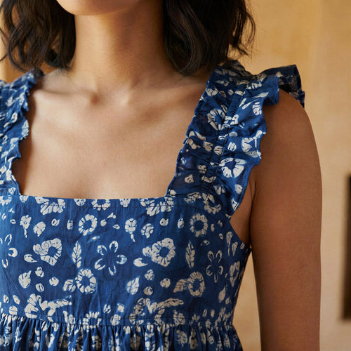 Indigo Floral Block Print Cotton Ruffle-Strap Square Neck Peplum Top