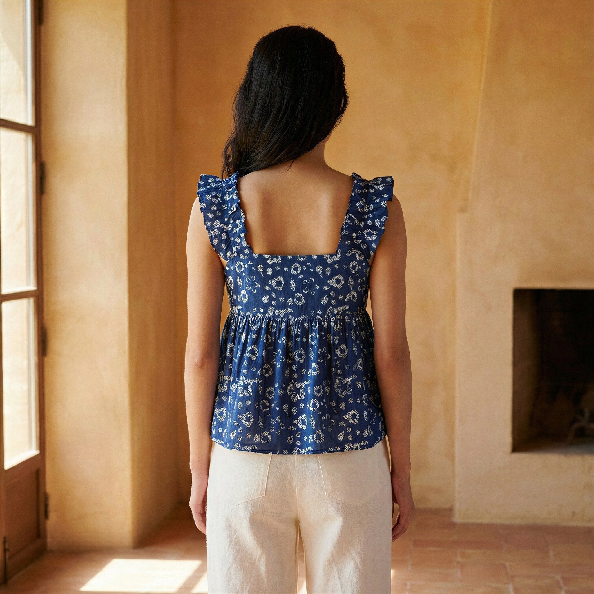 Indigo Floral Block Print Cotton Ruffle-Strap Square Neck Peplum Top