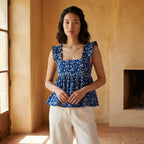 Indigo Floral Block Print Cotton Ruffle-Strap Square Neck Peplum Top