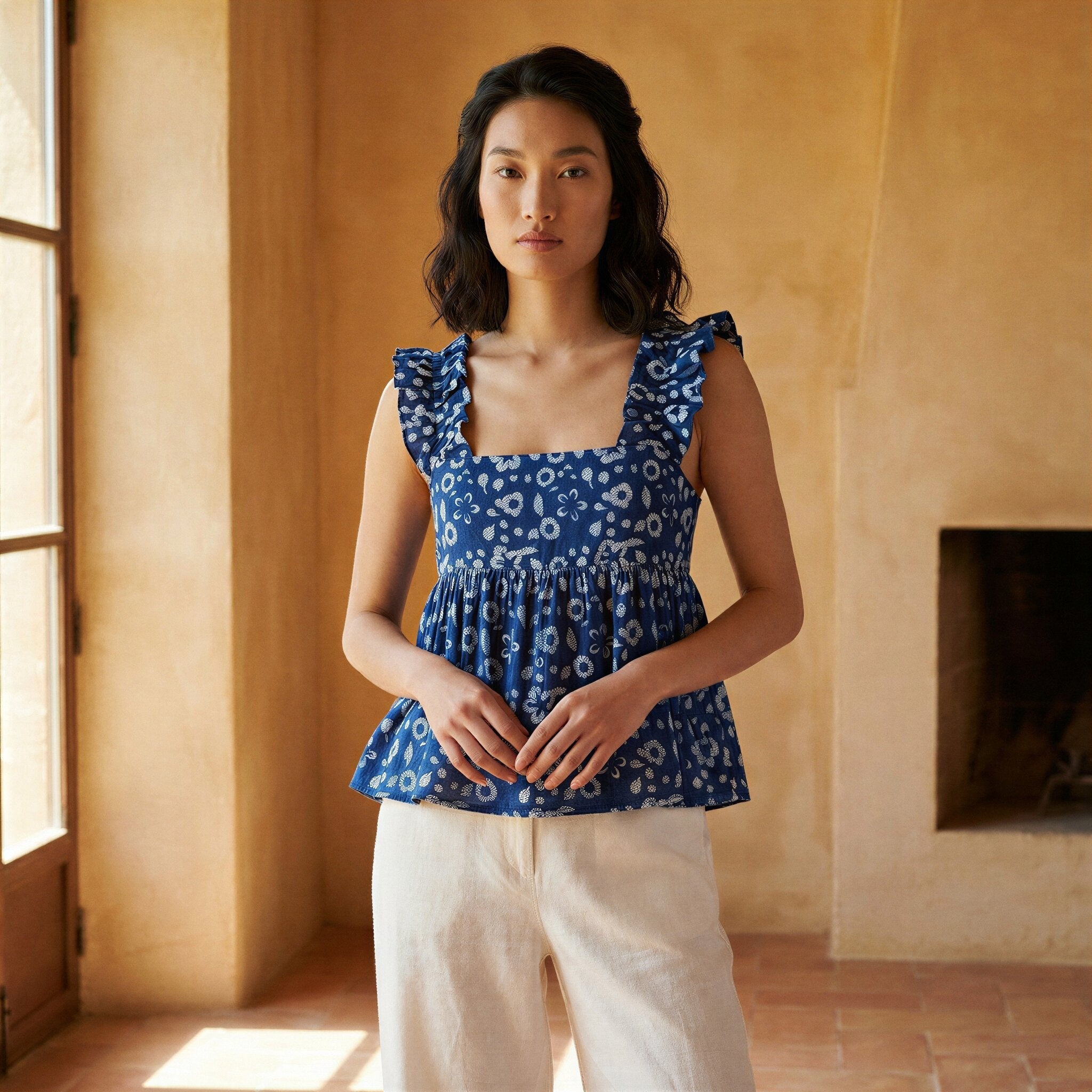 Indigo Floral Block Print Cotton Ruffle-Strap Square Neck Peplum Top