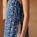 Indigo Floral Block Print Cotton Sleeveless Side-Tie Long Top