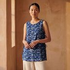 Indigo Floral Block Print Cotton Sleeveless Side-Tie Long Top