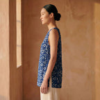 Indigo Floral Block Print Cotton Sleeveless Side-Tie Long Top