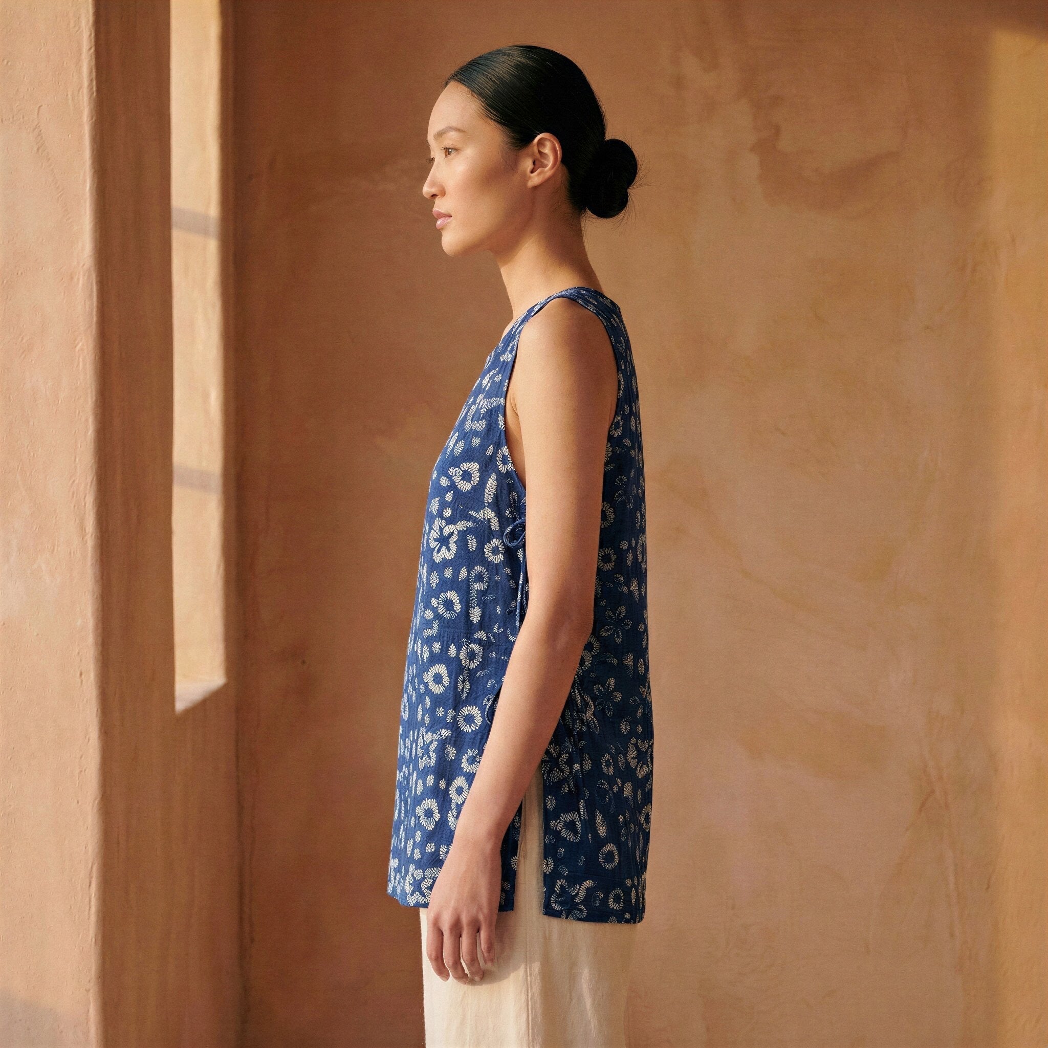 Indigo Floral Block Print Cotton Sleeveless Side-Tie Long Top