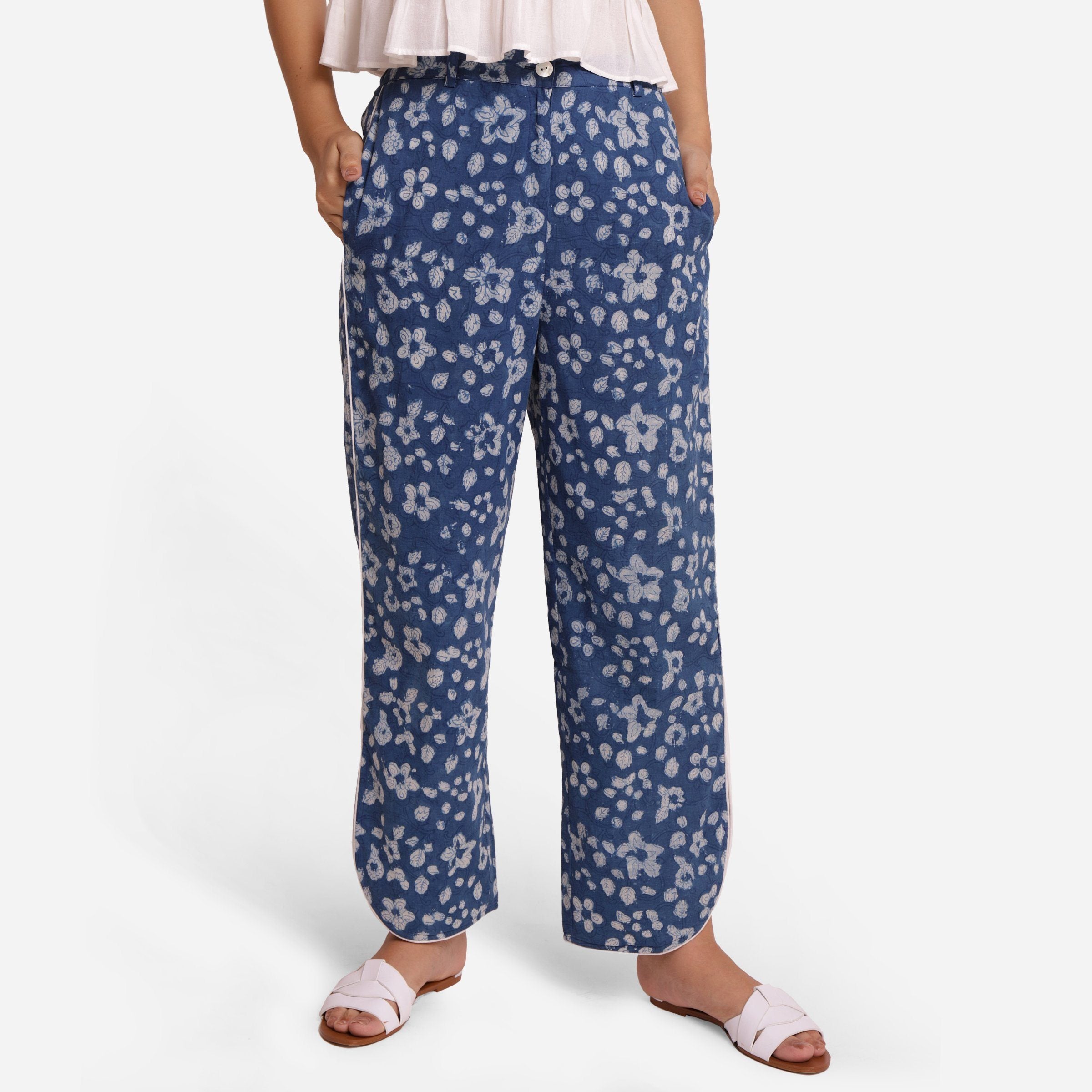 Front View of a Model wearing Indigo Dabu Block Print Straight Pant
