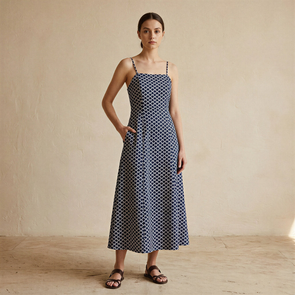 Indigo Mosaic Block Print Cotton Ankle Length Flared Sundress