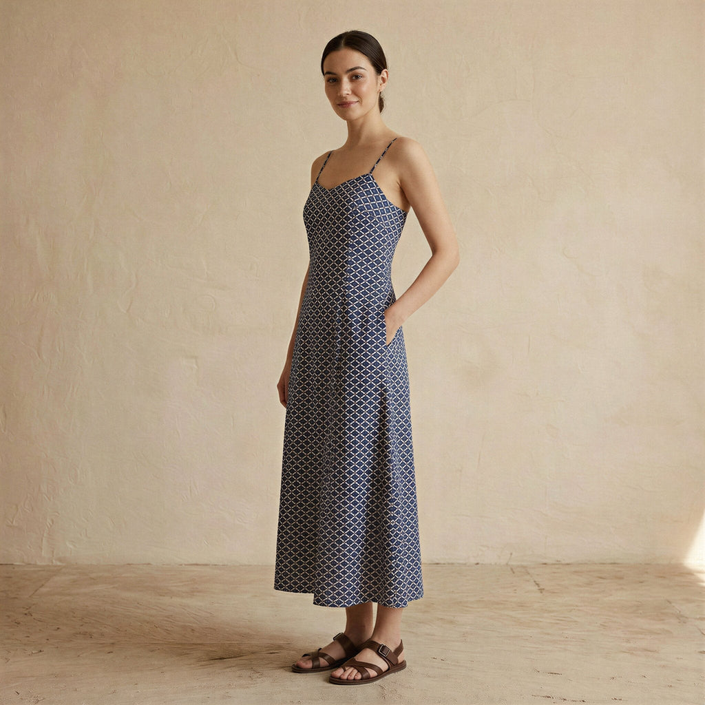 Indigo Mosaic Block Print Cotton Ankle Length Flared Sundress