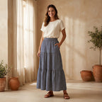 Indigo Mosaic Block Print Cotton Elasticated Maxi Tier Skirt